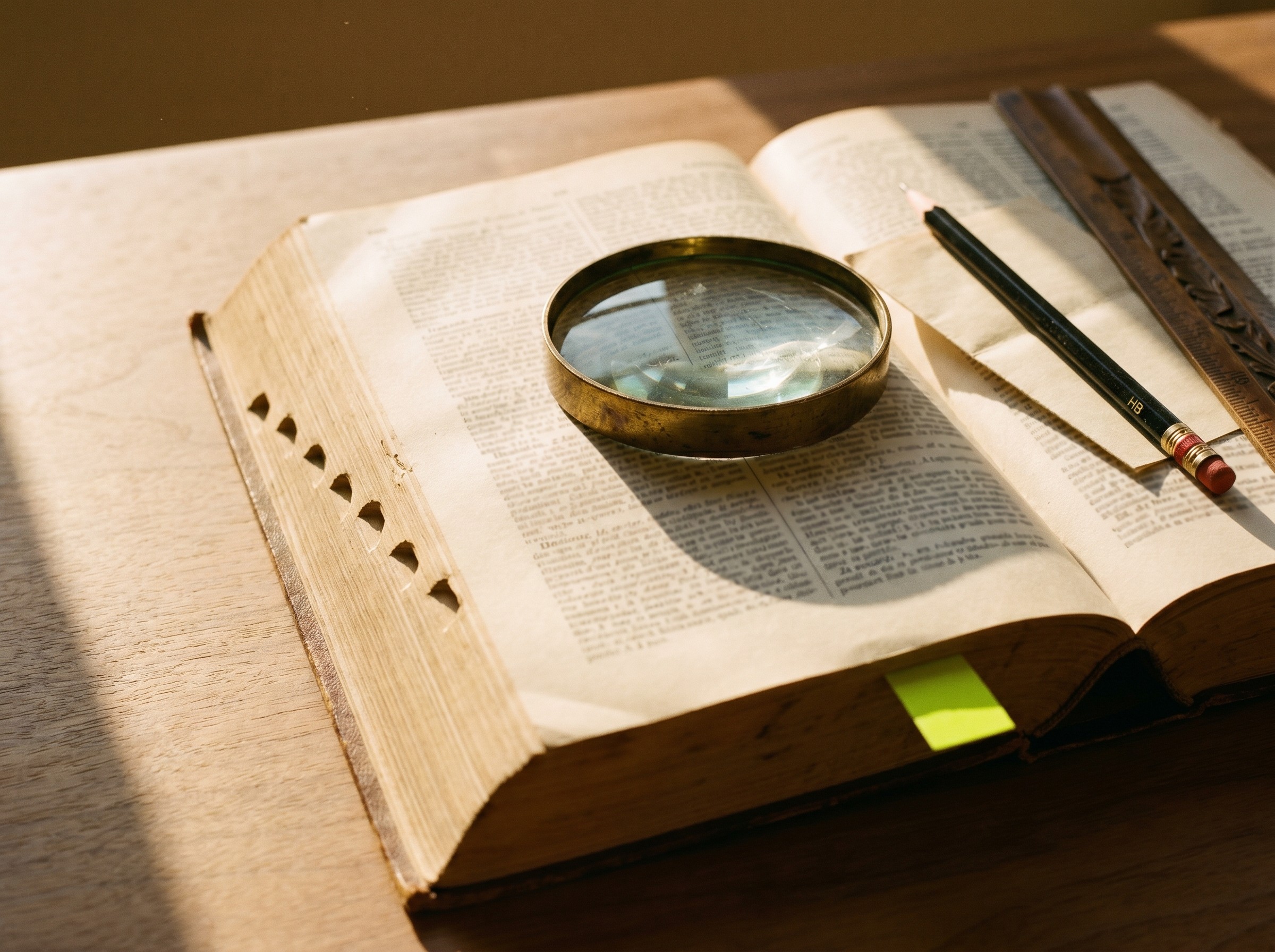 Glossaire des agents IA pour PME : dictionnaire Larousse ouvert sous une loupe bakelite, lime tab marquant un mot clé, mood Apartamento.