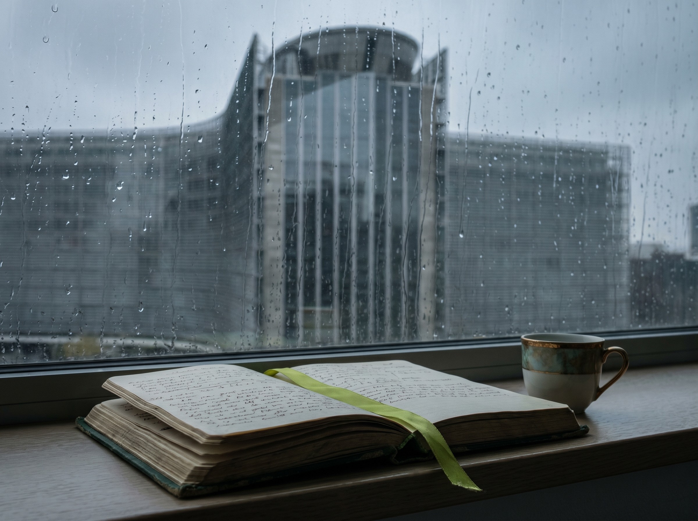 Guide AI Act pour PME : fenêtre Bruxelles réfléchissant un bâtiment institutionnel européen, cahier note avec ruban lime, mood Saul Leiter.
