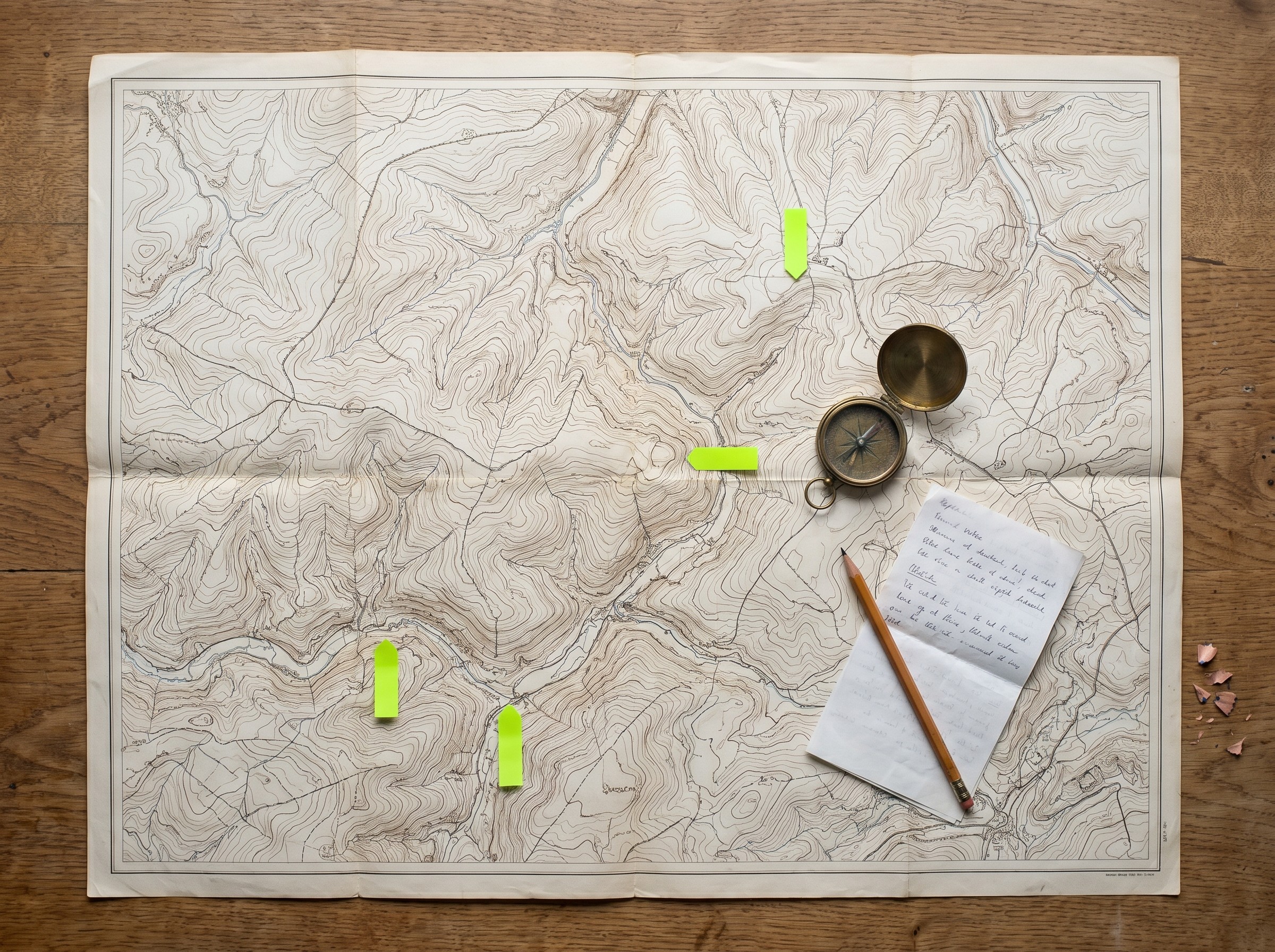 Playbook IA pour PME : carte topographique des Ardennes vue plongeante, compas brass, trio de tabs lime marquant la route, mood Stephen Shore.