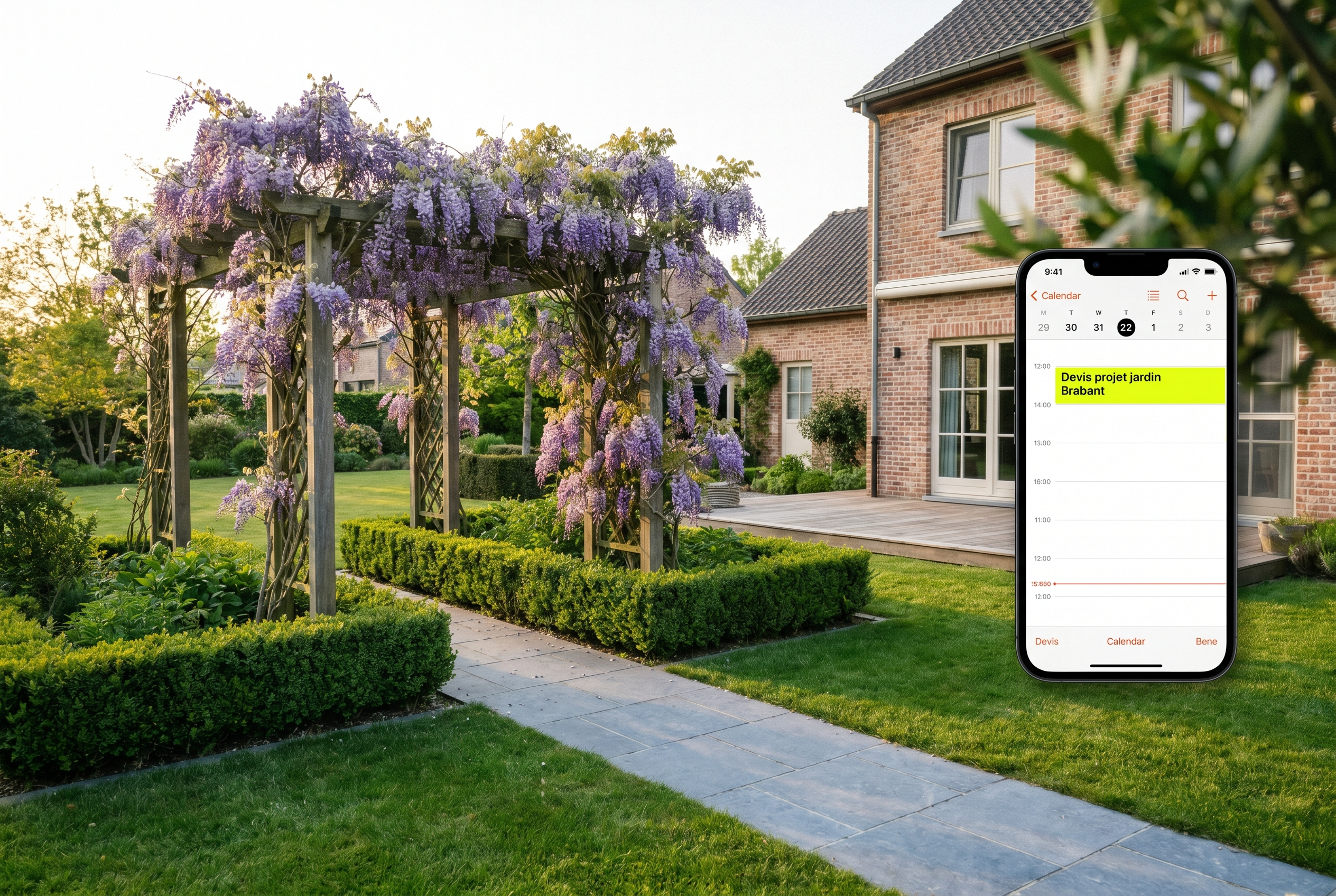IA d'acquisition pour entreprise du paysage : paysagiste sur chantier d'aménagement de jardin, plantations, terrasse en cours de pose, en Wallonie.