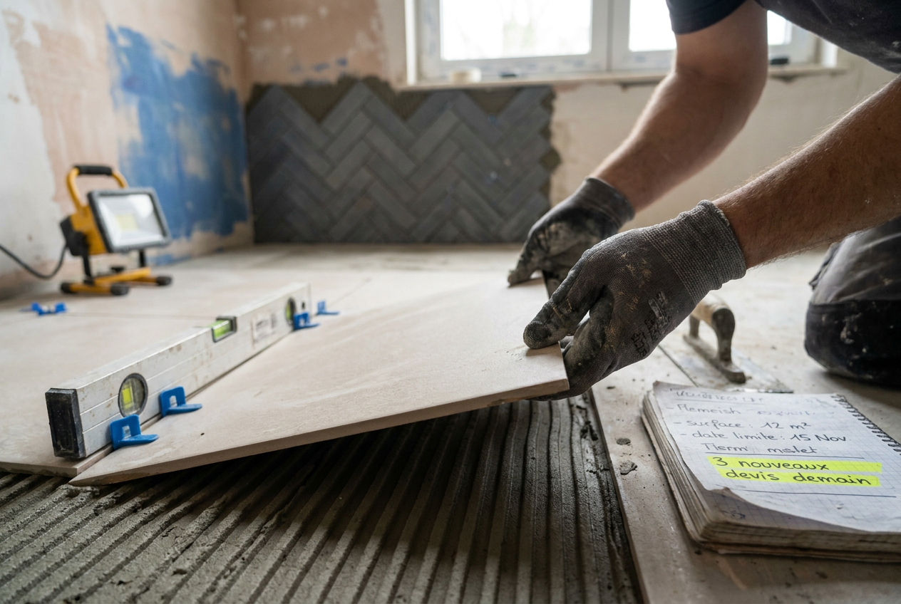 Détail d'un poste d'artisan wallon : truelle posée sur un mur en briques fraîchement jointoyé, niveau à bulle, carnet de chantier annoté et smartphone avec une demande WhatsApp d'un particulier.