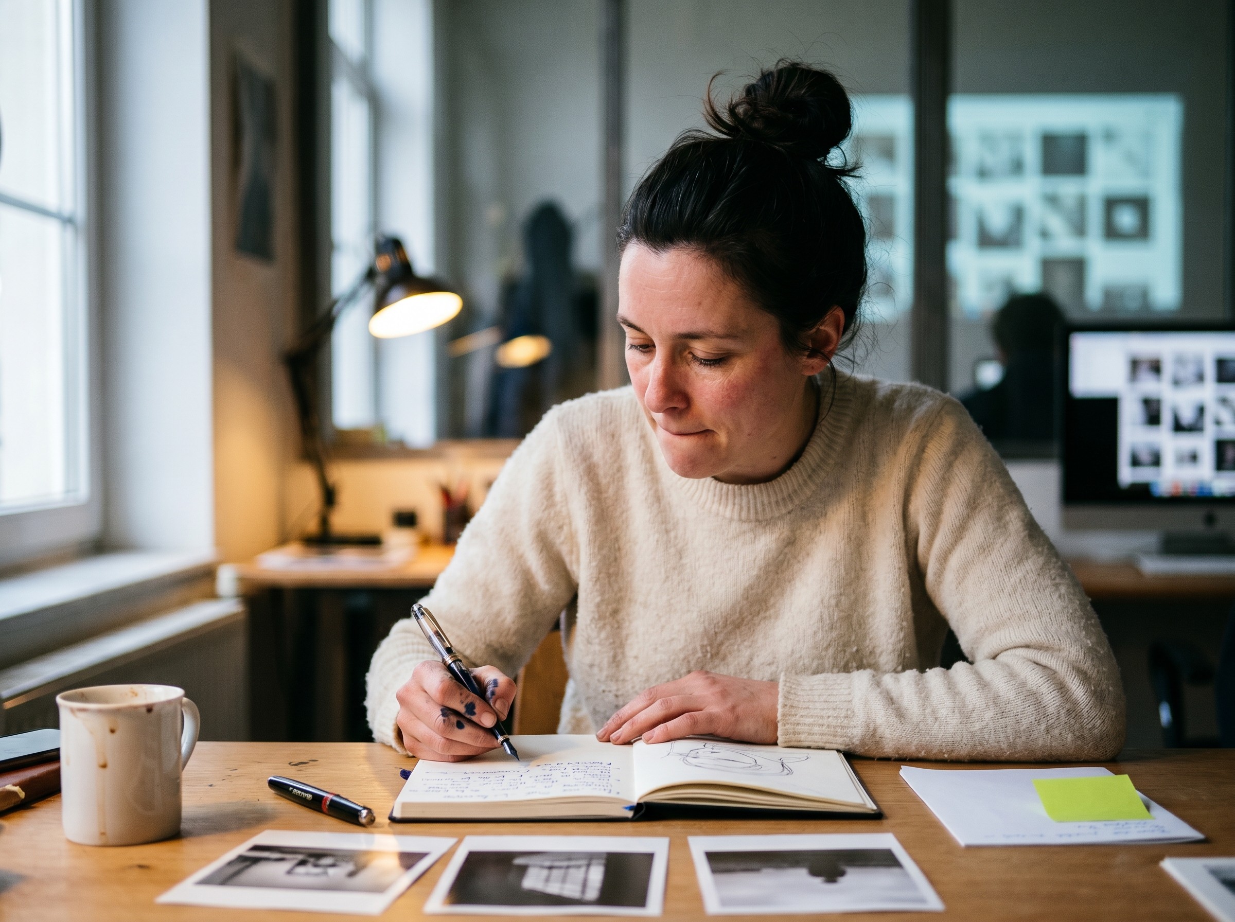 Content UPia humain plus IA : creatrice 34 ans wallone en focus profond, ecriture manuelle avec sketches, et derriere la cloison vitree floue le poste IA scale.