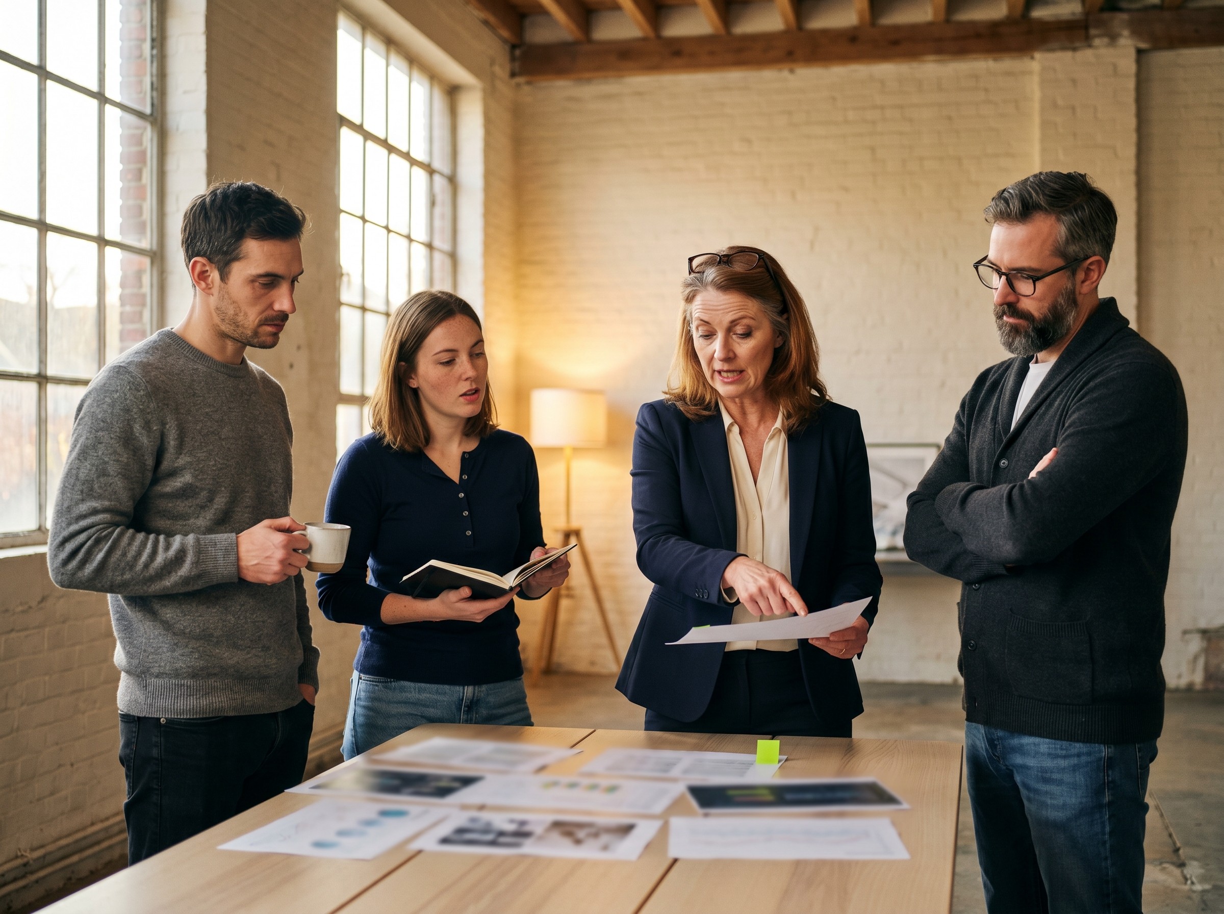 Strategie digitale 360 UPia : standup d'acquisition en atelier wallon, strategiste presente devant analyst SEO, paid lead et content lead reunis autour de dashboards.